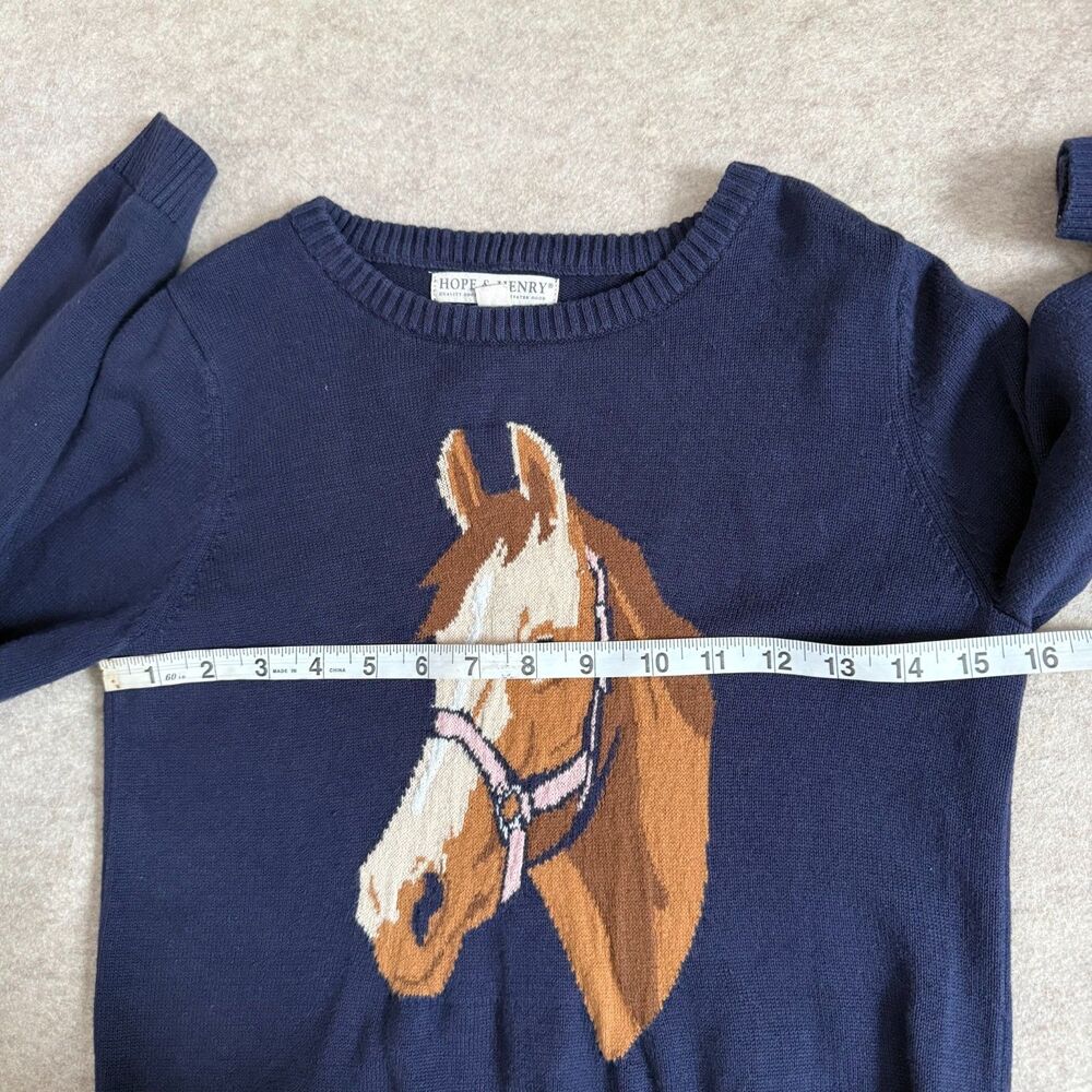 Hope & Henry Navy Horse Graphic Sweater Kids L Elbow Patch Organic Sustainable - Picture 7 of 10